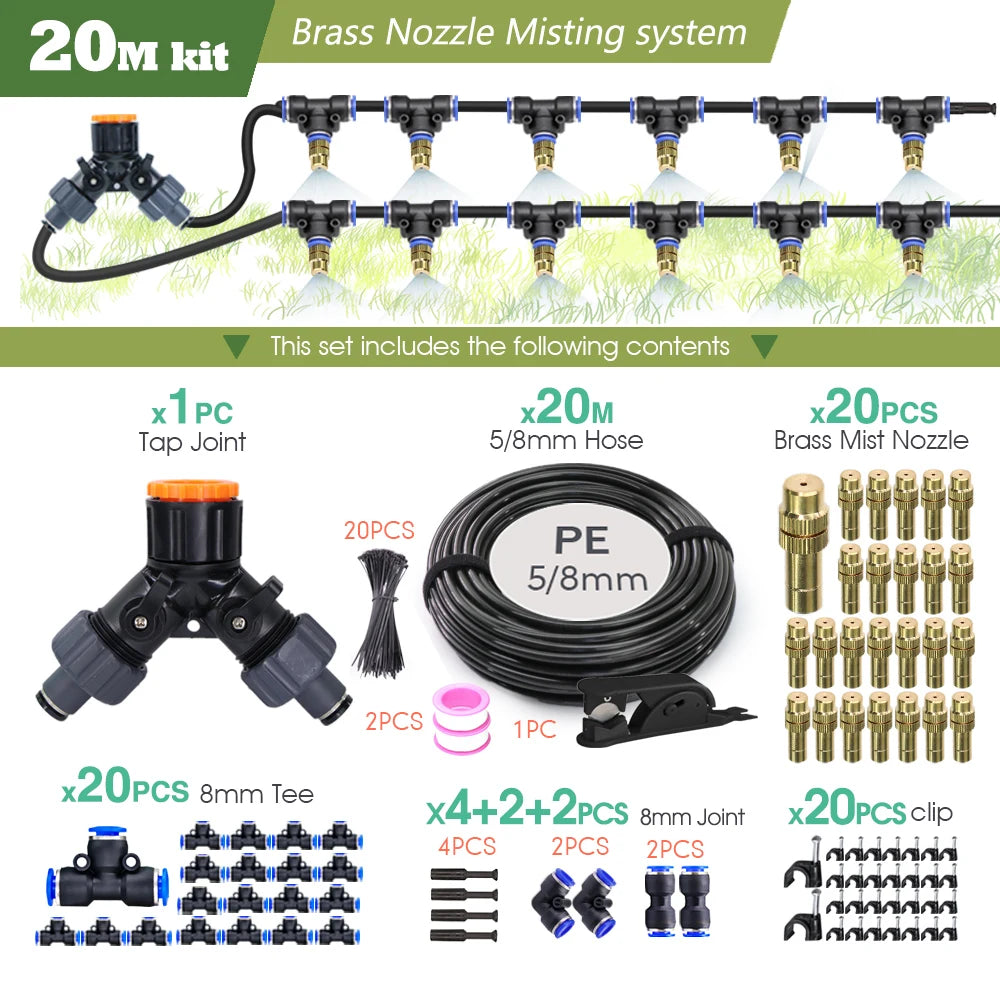 20M brass nozzle misting system kit contents: 5/8mm hose, mist nozzles, tees, clips