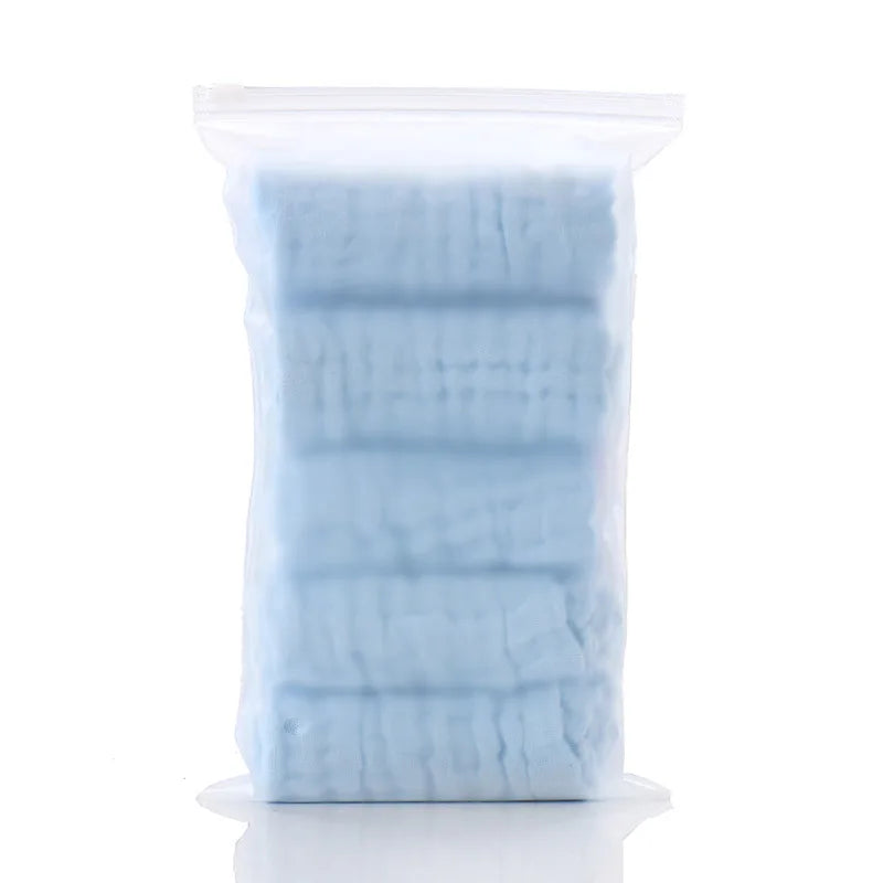 Pack of soft, light blue baby care gauze washcloths in a clear zip-lock bag.