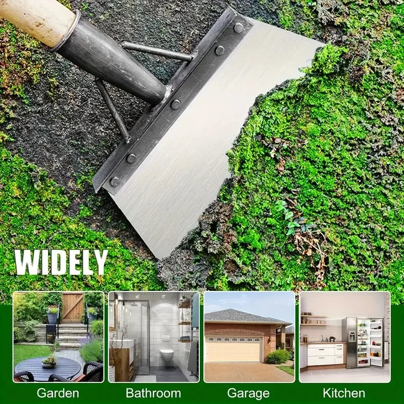 Heavy-duty metal weeding shovel with angled silver blade and dark handle