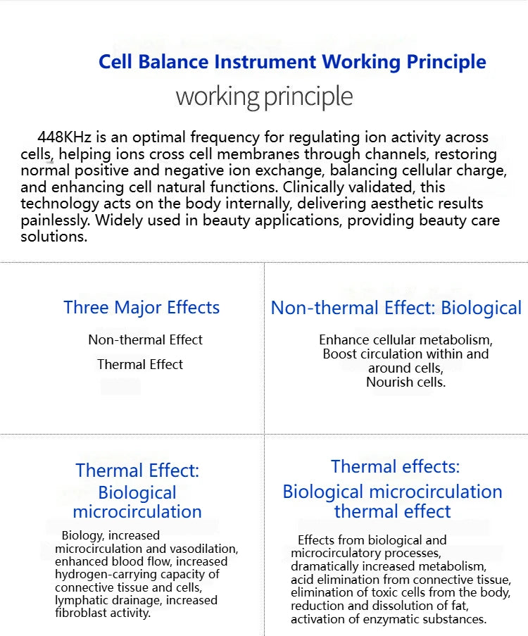 Infographic showing 448KHz Tecar RF machine benefits, non-thermal and thermal effects for cellular beauty therapy.