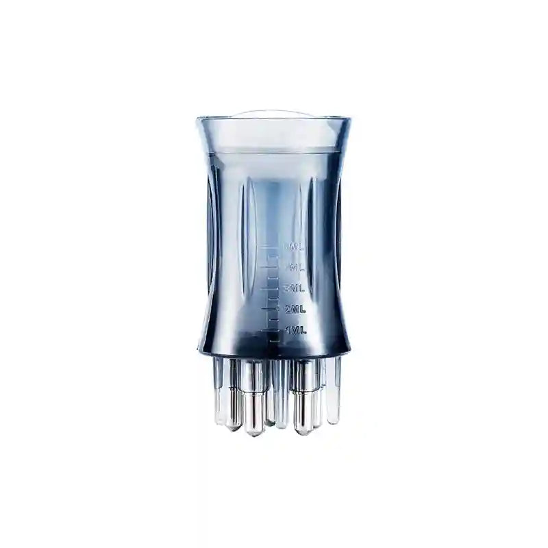 Translucent, dark gray eye massage and serum applicator tool with a graduated 5ml reservoir and metal roller tips.