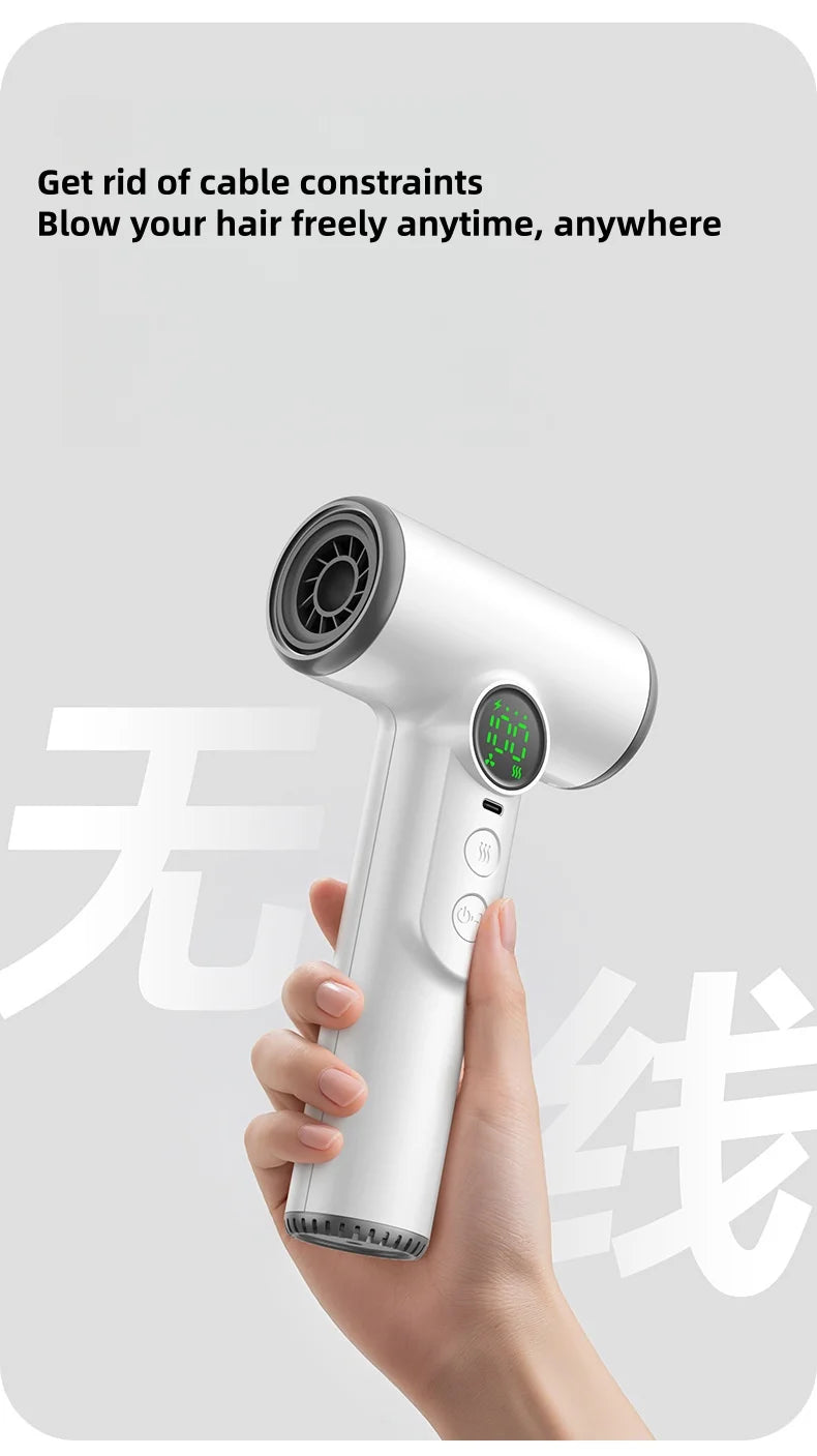 White cordless high-speed travel hair dryer with digital display, rechargeable battery, and portable ergonomic design.
