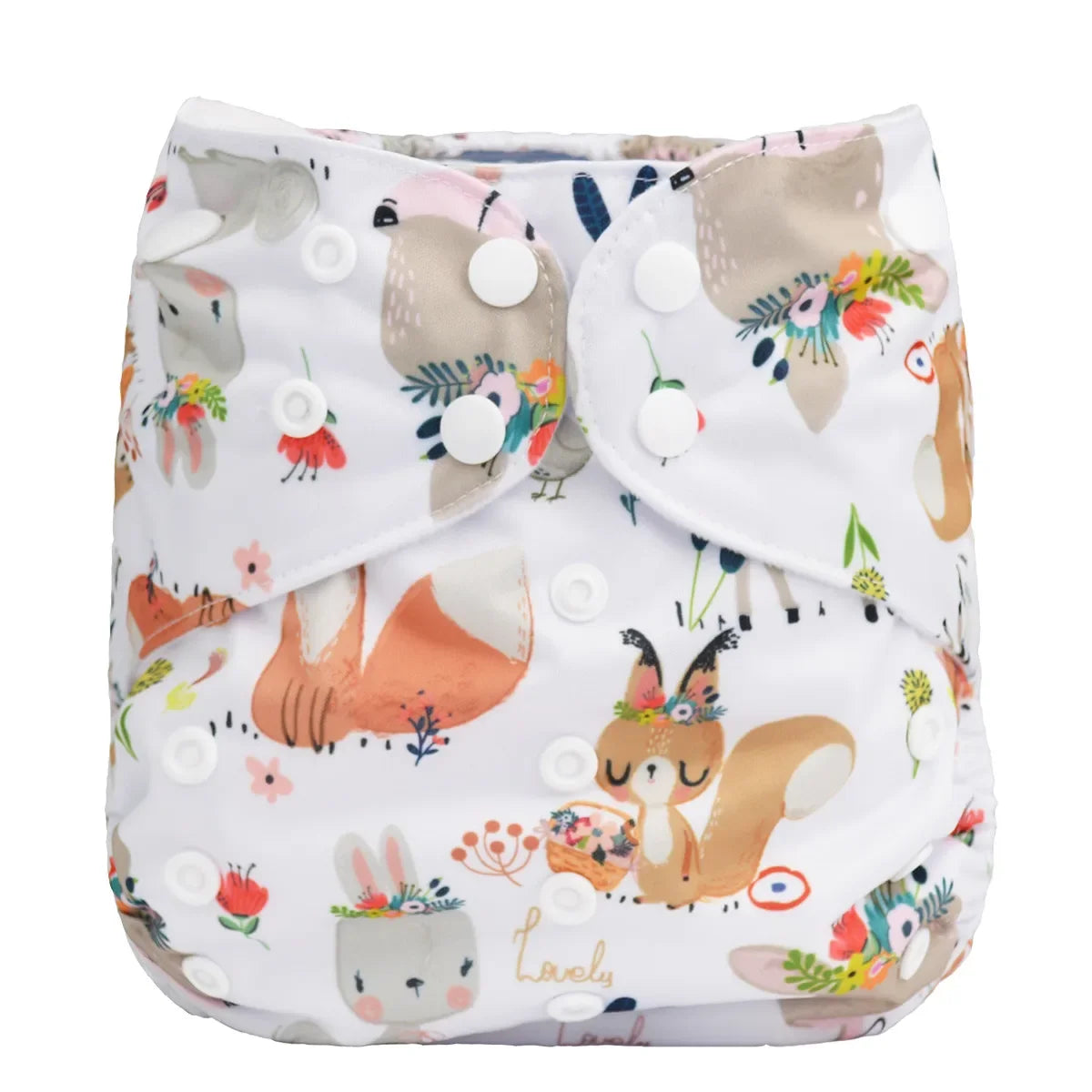 Reusable cloth diaper with white woodland forest animals and floral pattern, featuring adjustable snap buttons.