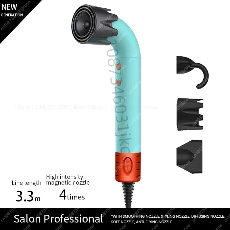 Teal and orange leafless hair dryer with magnetic styling attachments for professional salon-quality hair care.
