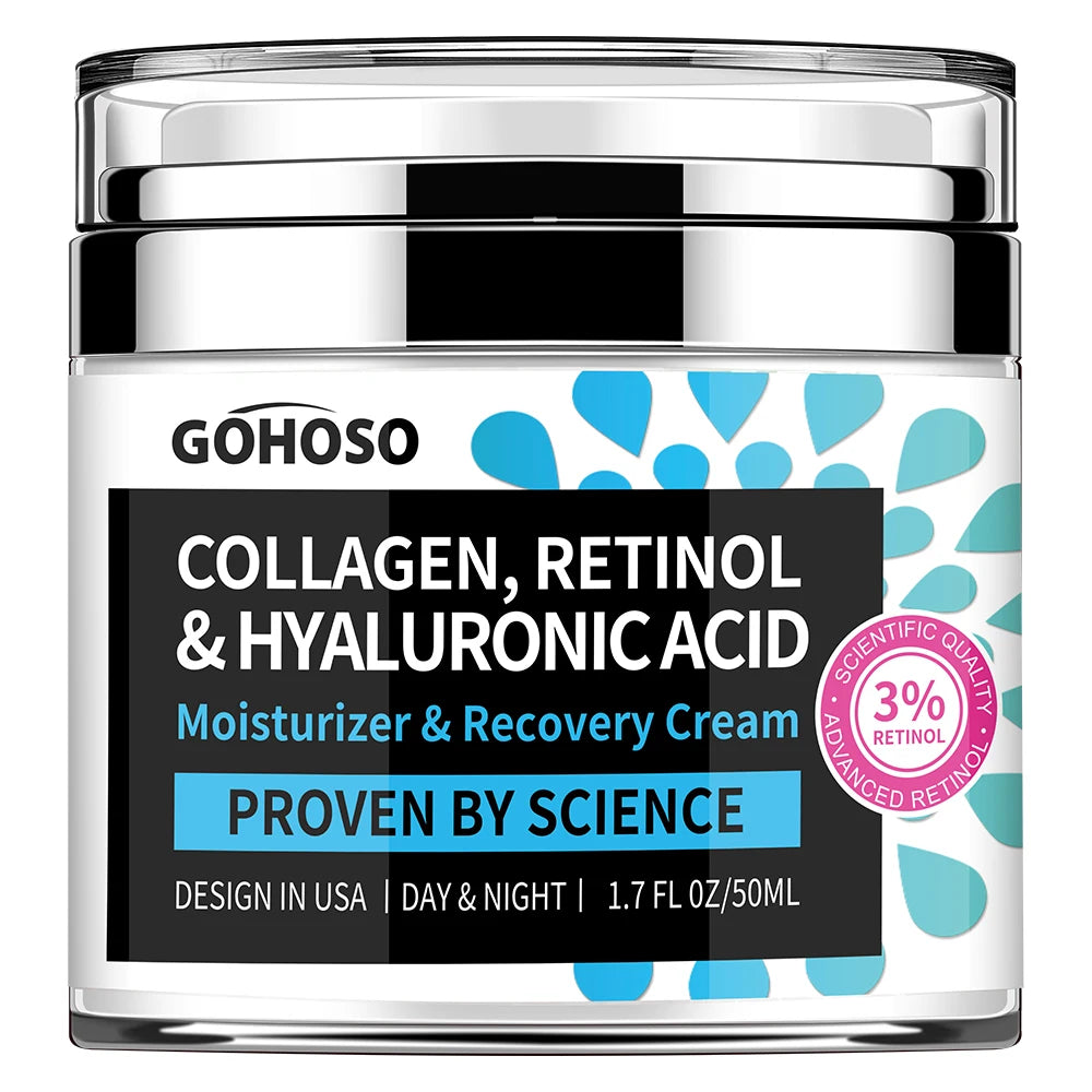 Black jar labeled collageN retinol & hyaluronic acid moisturizer & recovery cream