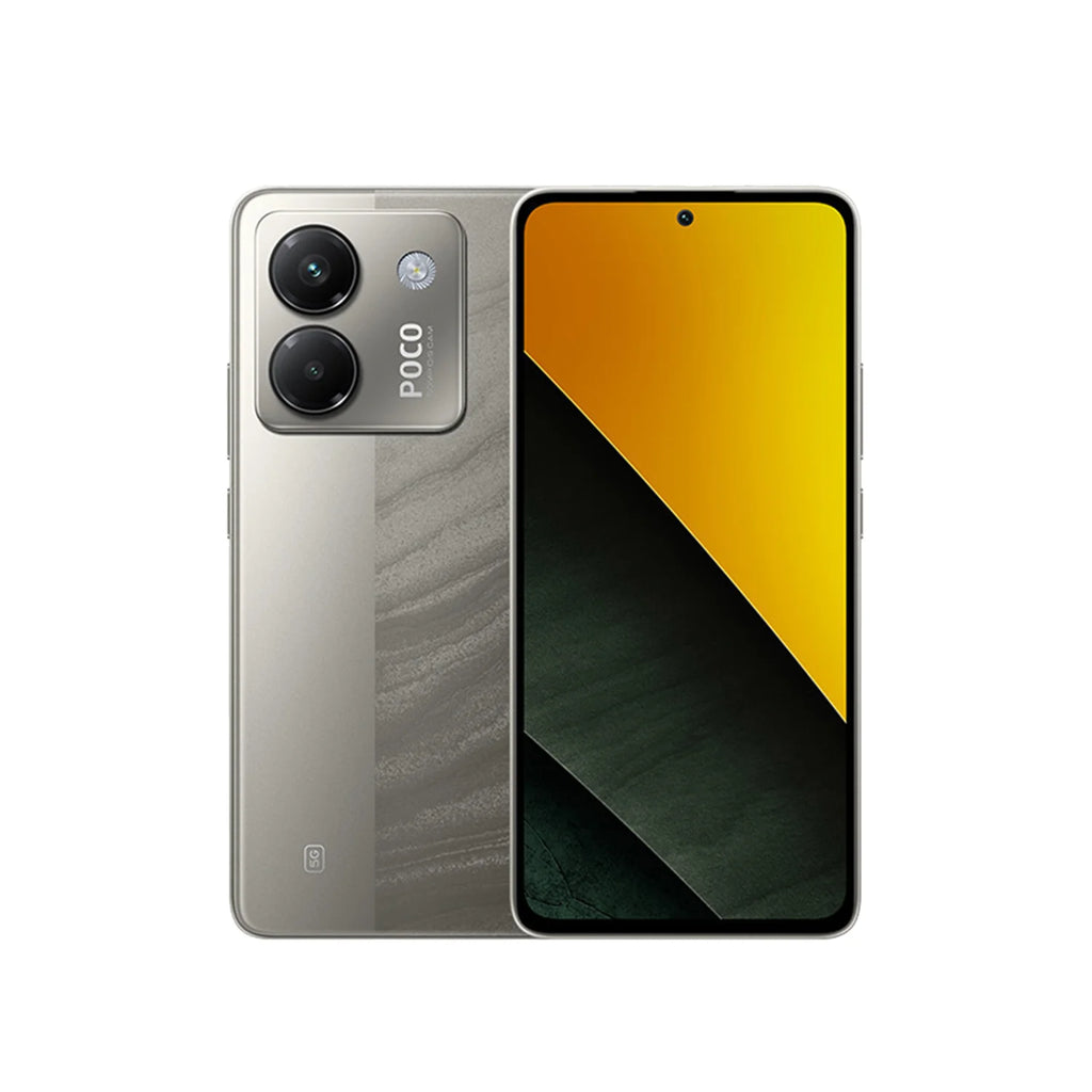Poco M6 Pro smartphone in silver with dual rear cameras and a bright yellow and black abstract screen display.
