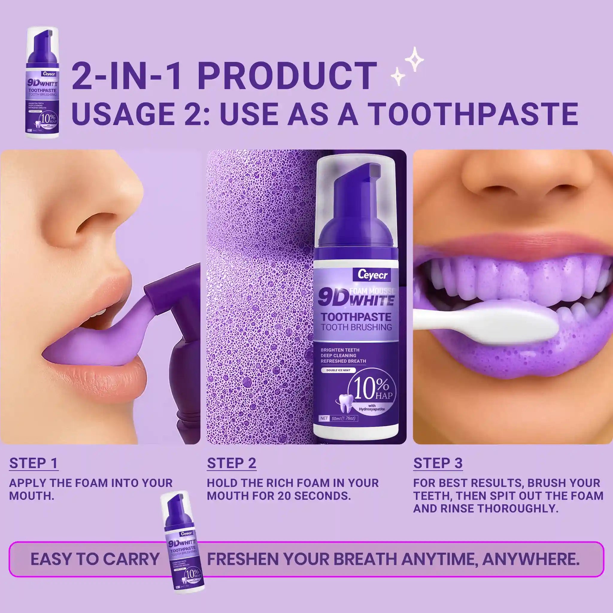 Tidesmit 9D white mousse toothpaste for effective teeth whitening and removing stubborn yellow tooth stains