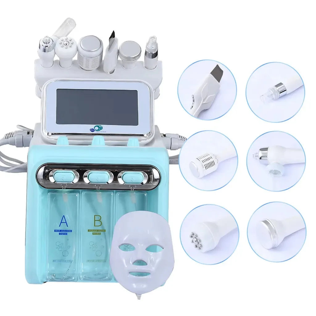 7-in-1 professional hydro facial machine with skin lifting RF, oxygen spray, and LED mask for deep cleansing skincare.