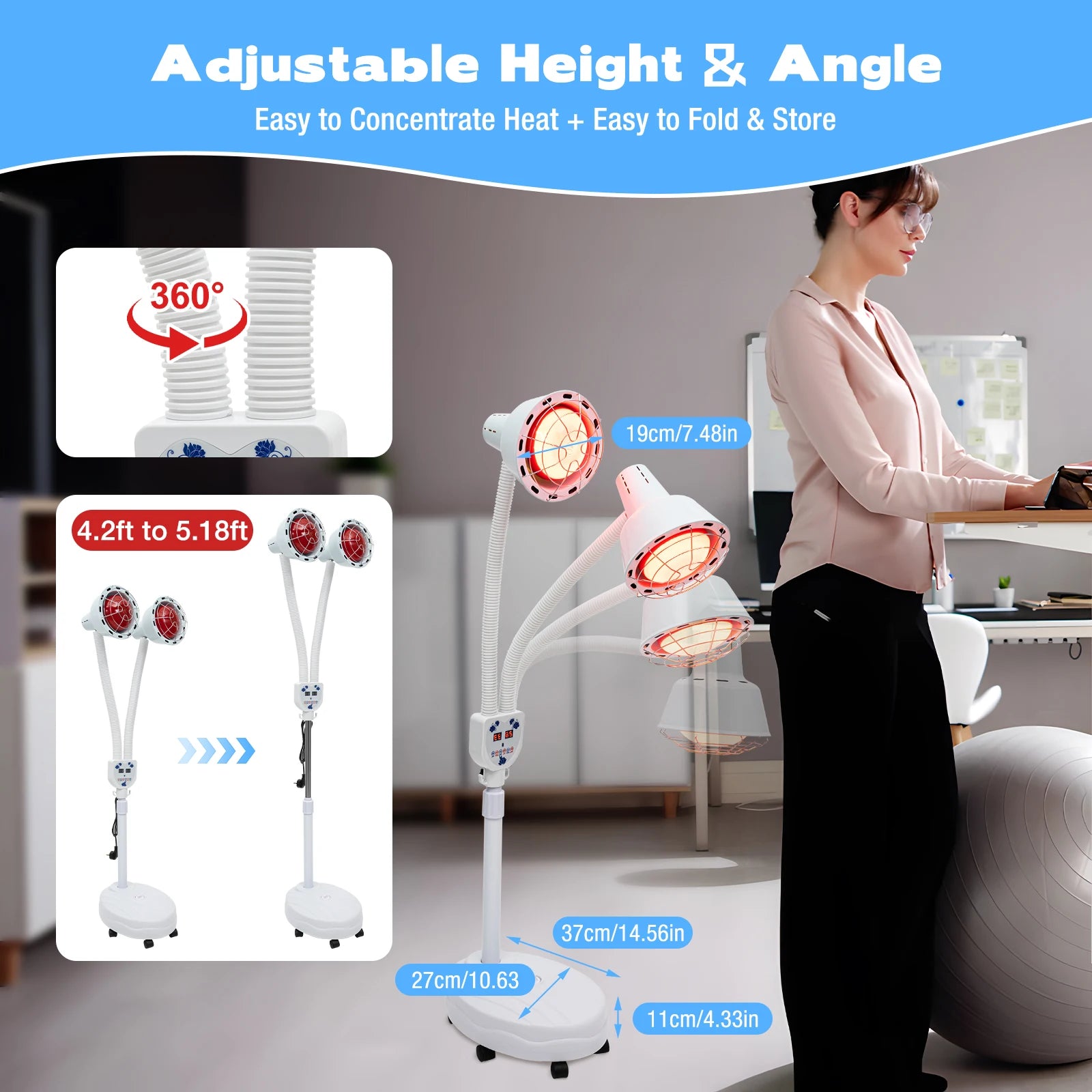 Double-head 275W infrared heat lamp with remote control, adjustable height and flexible neck for pain relief therapy.