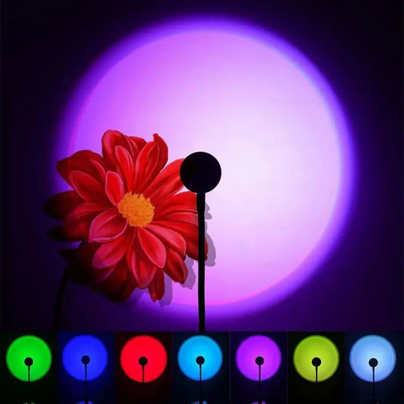 Sunset lamp projecting a circular purple light behind a red flower; small stand with seven selectable color modes.