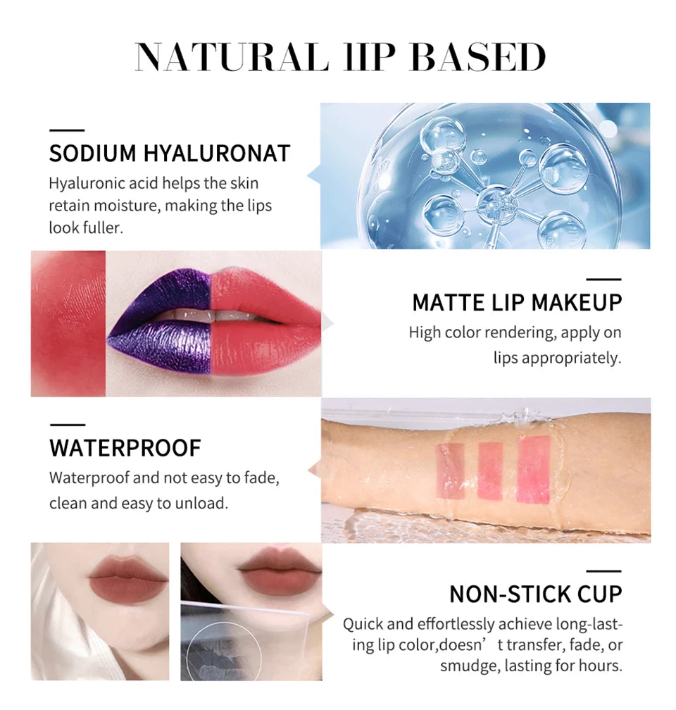 Waterproof, long-lasting matte peel-off lip stain showing vibrant color swatches and transfer-proof, non-stick results.