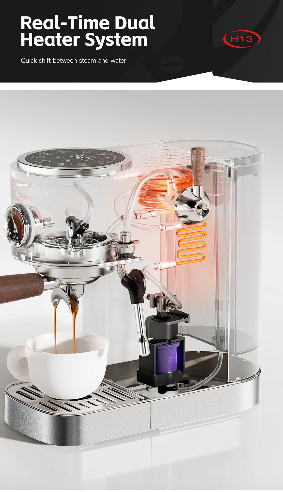 HiBREW H13 espresso machine with transparent body, dual heater system, and wooden accents brewing into a white cup.