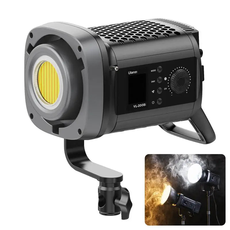 Black VL-200Bi LED COB studio light with mount, digital controls, and yellow light source for photography and video.