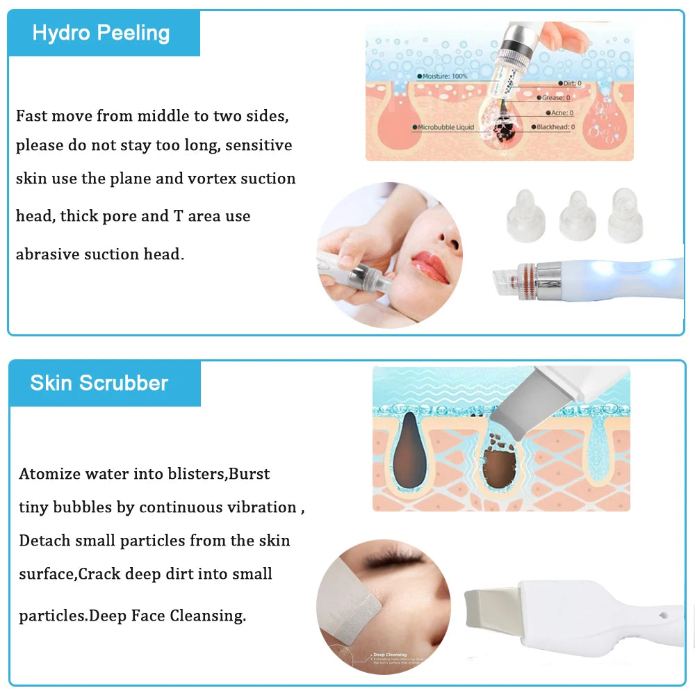 7-in-1 water dermabrasion facial machine with hydro peeling and skin scrubber for deep pore cleansing and blackheads.