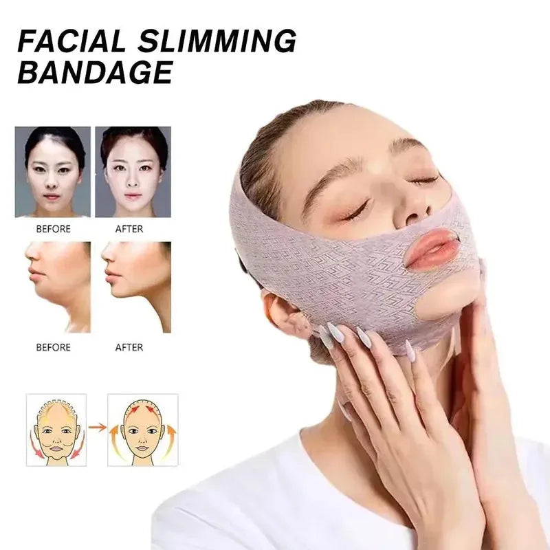 Light purple, textured V-line lifting bandage worn around the jaw and head to contour and slim the face.