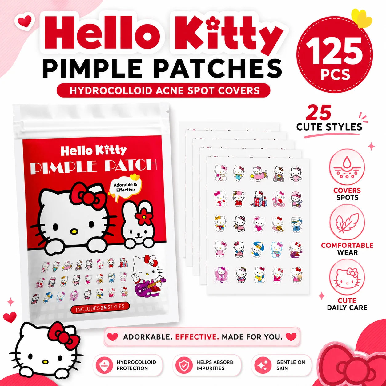 125PCS Sanrio Hello Kitty Acne Patch, Hydrocolloid Acne Patch, Makeup Blemish Pimple Patch, Waterproof and Sweatproof