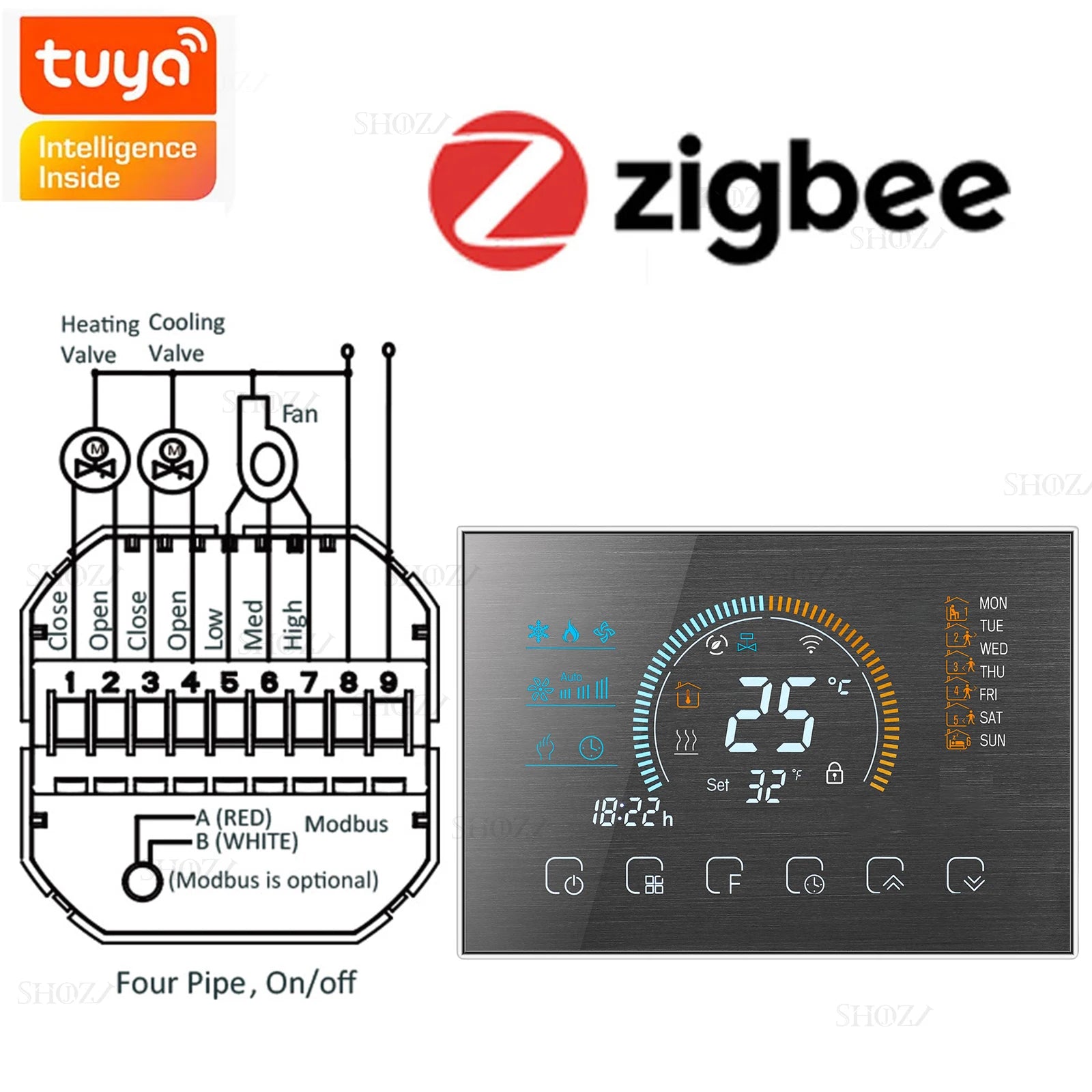 Wifi/RS485/Zigbee Thermostat Air Conditioning 3 Fan Coil Unit Home Cooling/Heating 2/4 Pipe Temperature Controller with Alexa