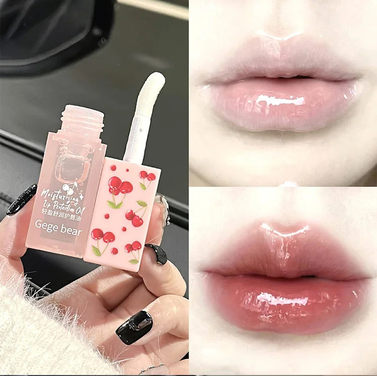 Gege Bear cherry moisturizing lip oil in a cute pink tube with applicator, showing glossy, hydrated lips.