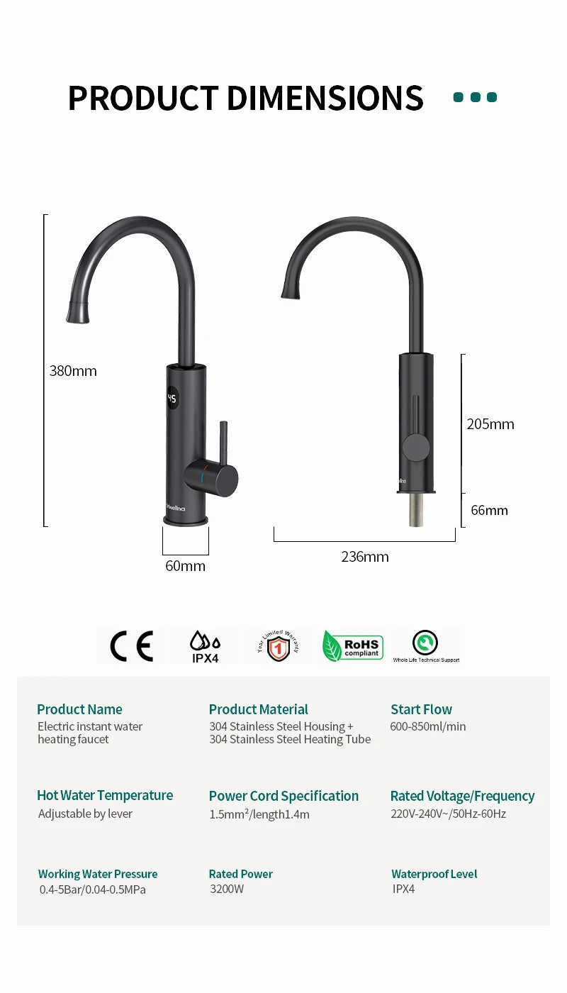 Briwellna Instant Hot Water Heating Faucet 220V Electric Faucet With Universal Adapter Nozzle Stainless Steel Heating Faucet