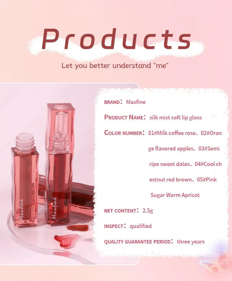 Maxfine moisturizing liquid lip glaze with silky, highly pigmented, waterproof, long-wearing, non-stick finish.