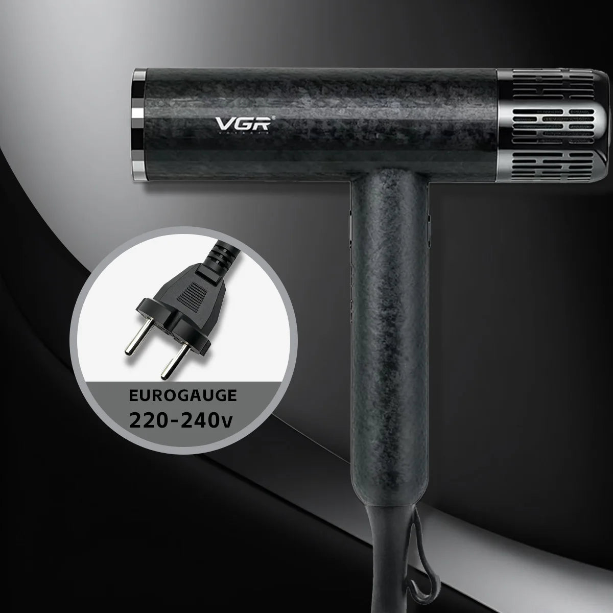VGR V-401 professional hair dryer, black marbled finish, 110,000 RPM brushless motor, Euro plug, fast styling tool.