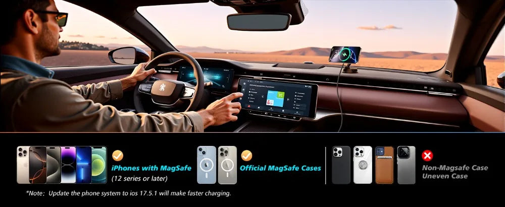 Magnetic Wireless Car Charger with RGB Cooling - MagSafe Compatible Tidesmit