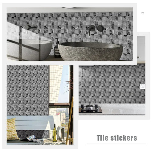 Peel-and-stick backsplash tile stickers, gray textured stone mosaic tile design on wall
