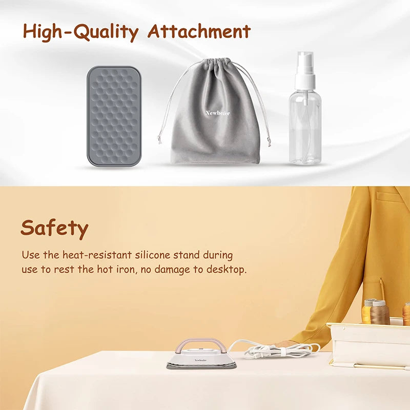 Tidesmit mini handheld travel iron showing dual voltage 120V/220V design and compact 30-second heat press base.