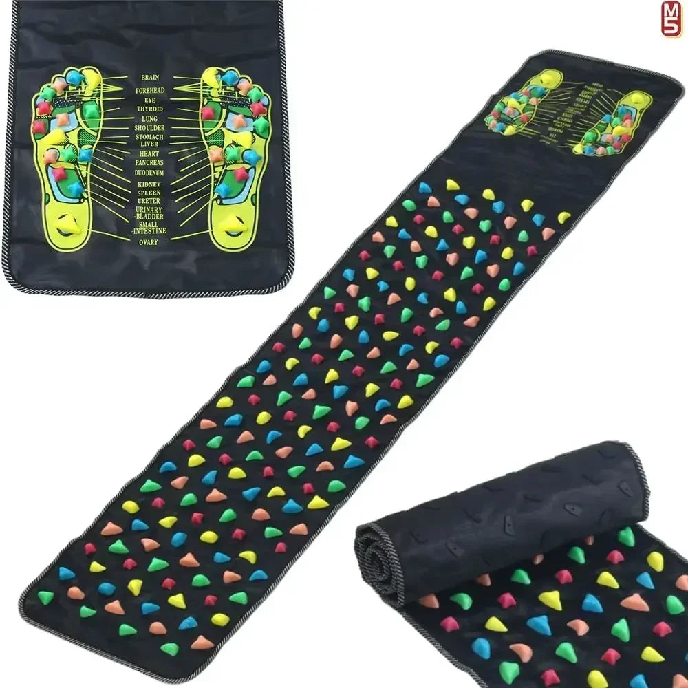 Black acupressure foot reflexology massage mat with colorful pressure points for walking therapy and pain relief.