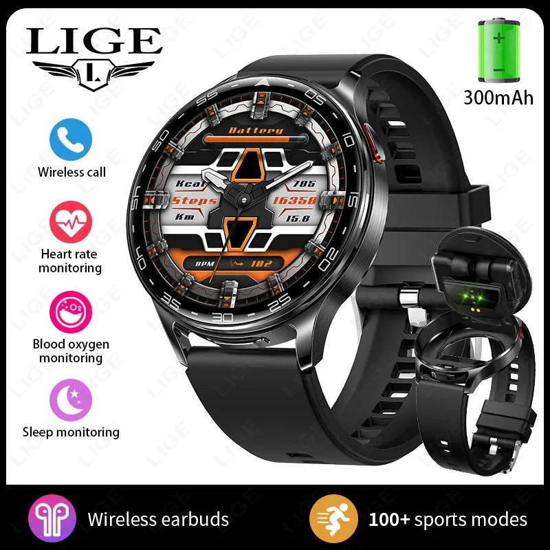 Black smartwatch with wireless earbuds, rugged-style watch face with orange indicators