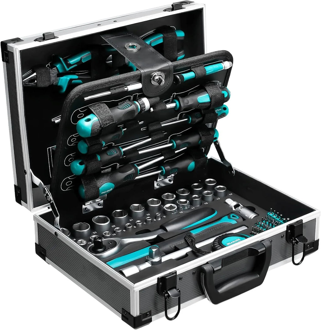 Aluminum Tool Case Filled with 122-piece Tool Set | Workshop Case Equipped w/ Wrenches, Hammer, Pliers, Screwdrivers, Toolbox