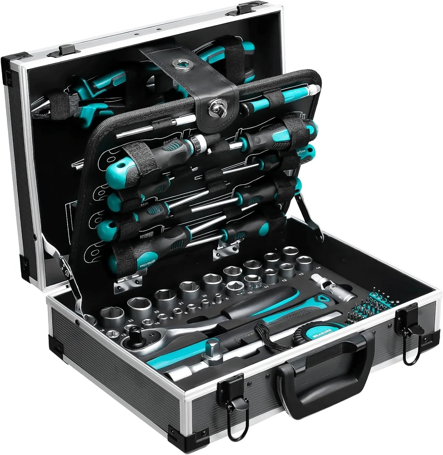 Aluminum Tool Case Filled with 122-piece Tool Set | Workshop Case Equipped w/ Wrenches, Hammer, Pliers, Screwdrivers, Toolbox