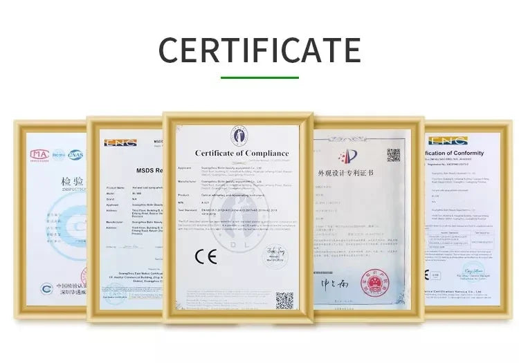Five certificates of compliance and quality inspection in gold frames, aligned horizontally on a white background.