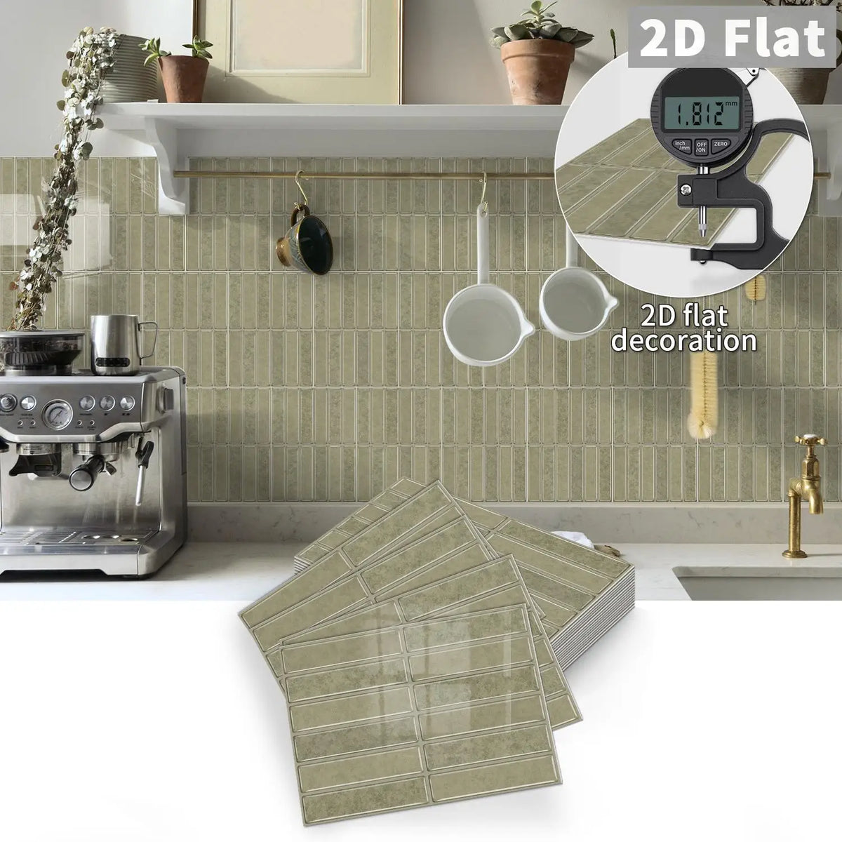 Self-adhesive tile decals, 2D flat grid sheet in muted olive with grid grout lines