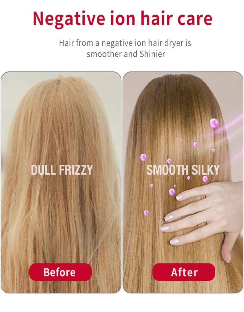 Before and after comparison of hair texture using X6 professional negative ion hair dryer for smooth, silky results.