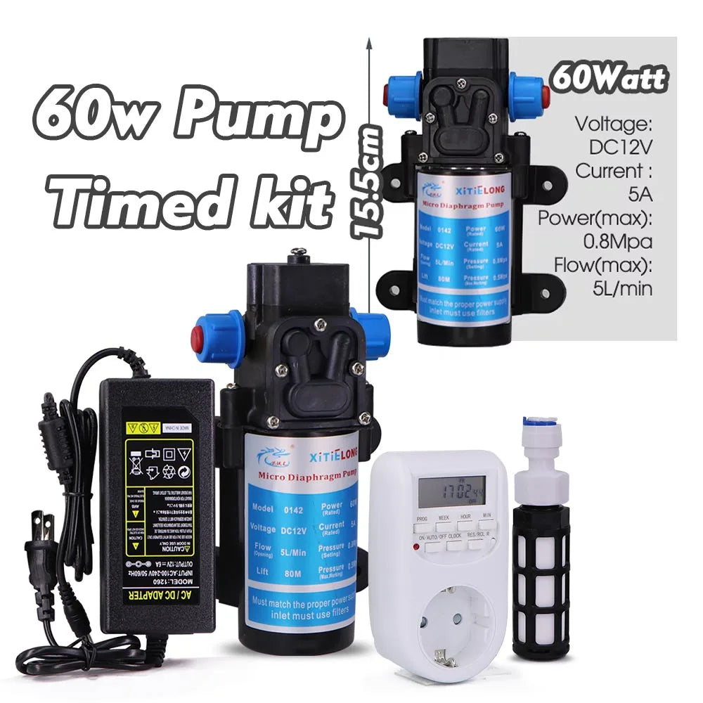 1/4" 60w Self-priming Pump Timed Kit w/ 4/6mm Adjustable Sprinkler Dripper Lawn Plant Pot Garden Irrigation Auto Watering System