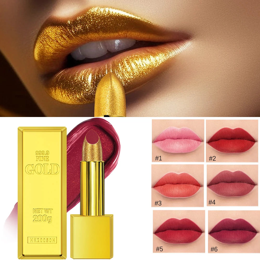 Long-lasting shimmer gold glitter lipstick in a unique gold brick tube. Waterproof metallic lip makeup with color swatches.