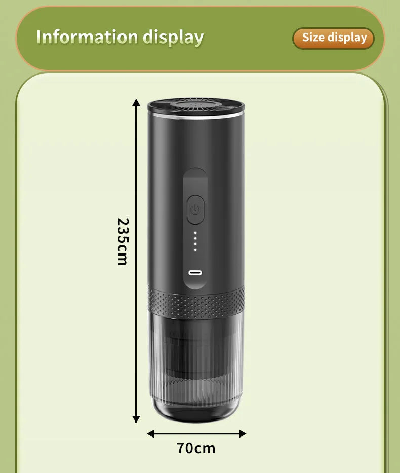 Black portable electric coffee maker, 235mm tall, 70mm wide, features battery indicator and USB-C charging port.