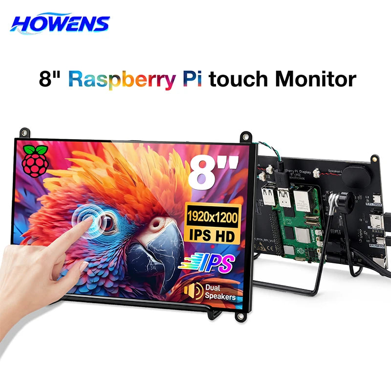 8 Inch Raspberry Pi Touch Monitor 1920×1200 IPS 10-Point Touch Screen Built-in Speaker HDMI Display for Pi 5 4B PC Case 3D Print