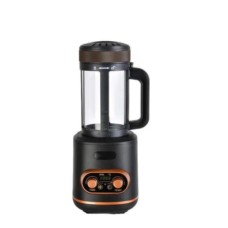 Black and bronze electric tea and coffee maker with glass pitcher, digital temperature control, and time settings.