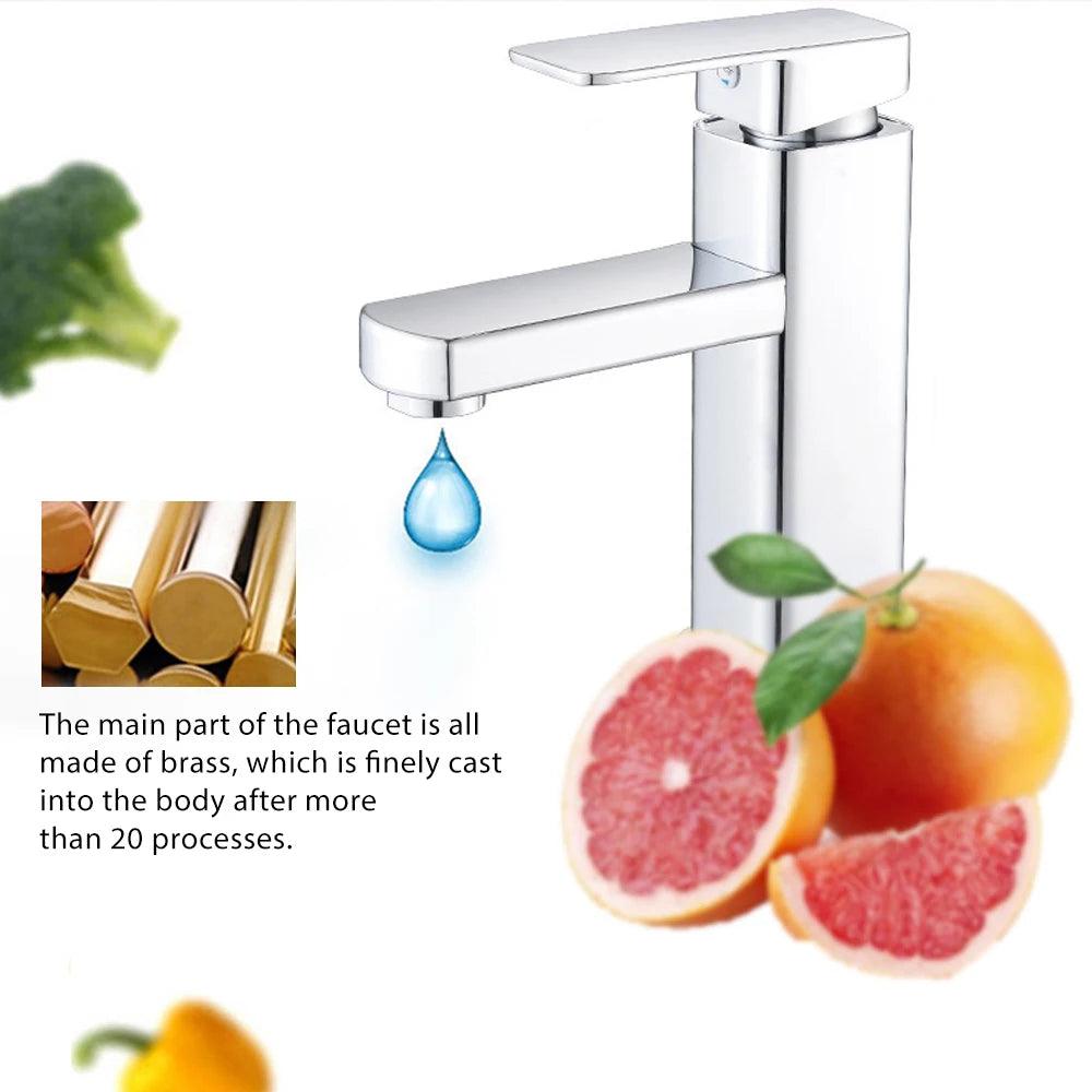 Single-Lever Washbasin Mixer in Brass for Cold and Hot Water, Deck-Mounted Single-Hole, 3-Layer Chrome Plating, 60cm Stainless Steel Hose, Honeycomb Aerator, Rust-Proof, Oxidation-Resistant, for Bathroom Sinks, Durable and Co