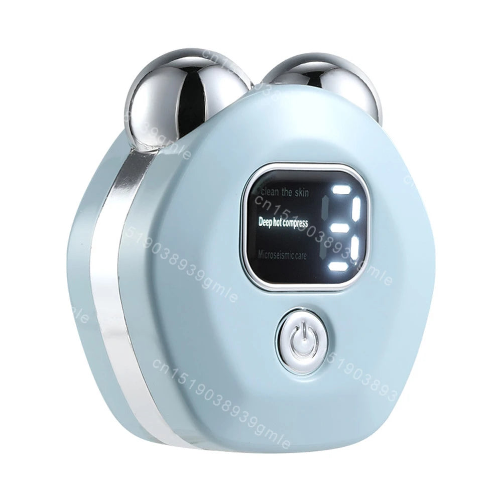 Light blue, round facial massager with two silver roller heads, a digital display, and a central power button.
