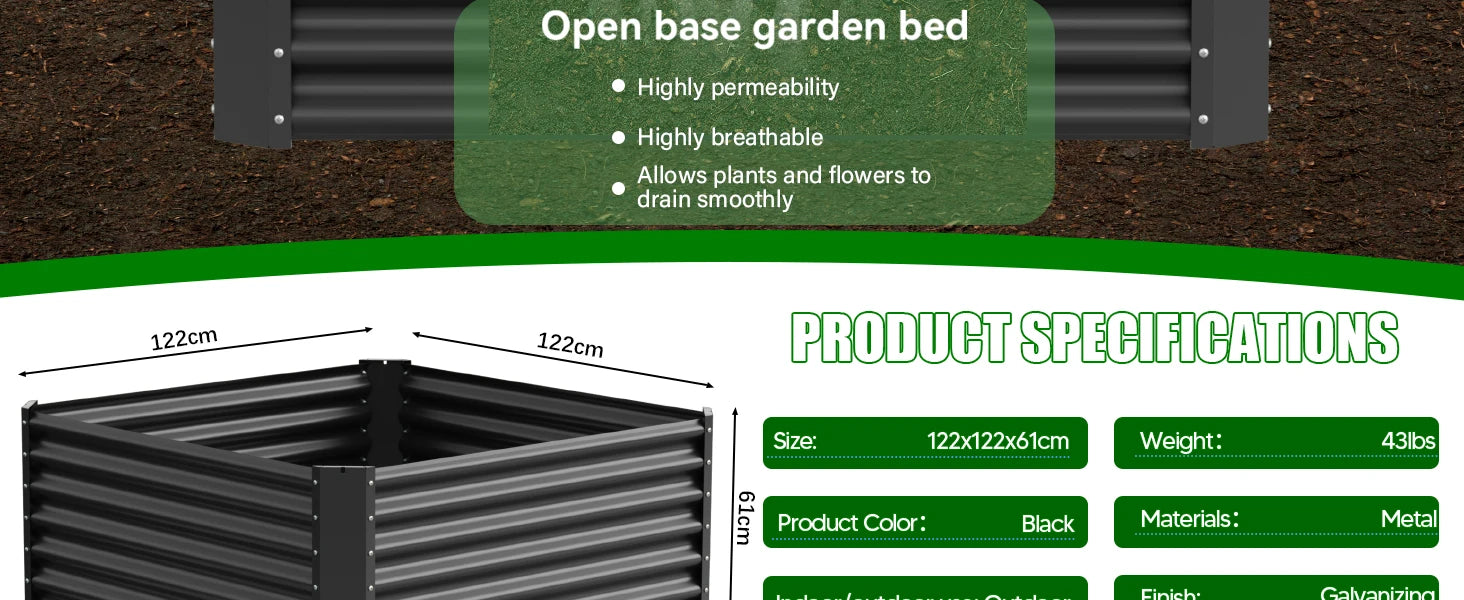 Galvanized metal raised vegetable tray, 240/gallons, open base, rustproof corrugated steel for vegetables, herbs and flowers, quick assembly in 10 minutes for outdoor gardening, patio and yard.