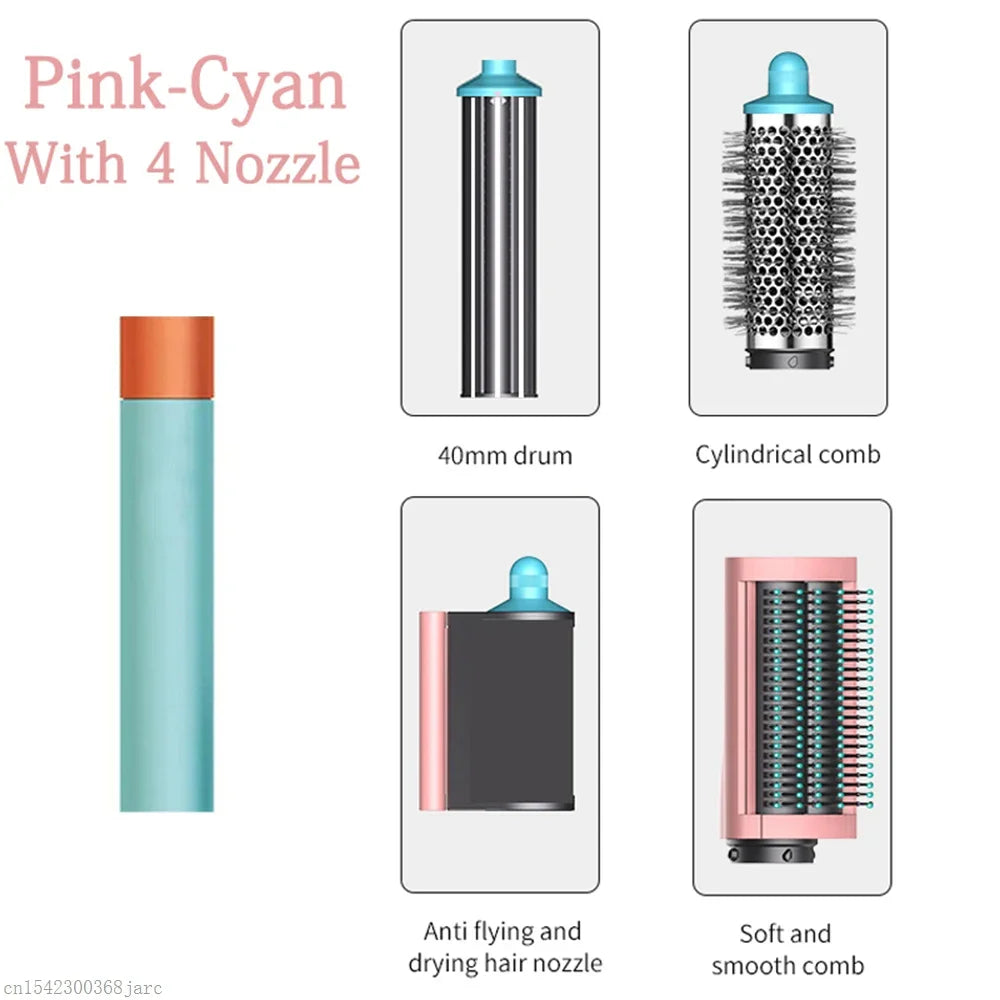 SenCiciMen X9 pink-cyan 5-in-1 hot air styler with curling barrel, brush, and smoothing nozzles for salon hair styling.