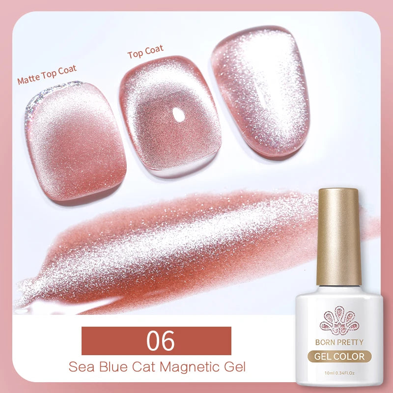 Shimmering rose-gold magnetic gel polish with three nail swatches showing matte and glossy top coat finishes.