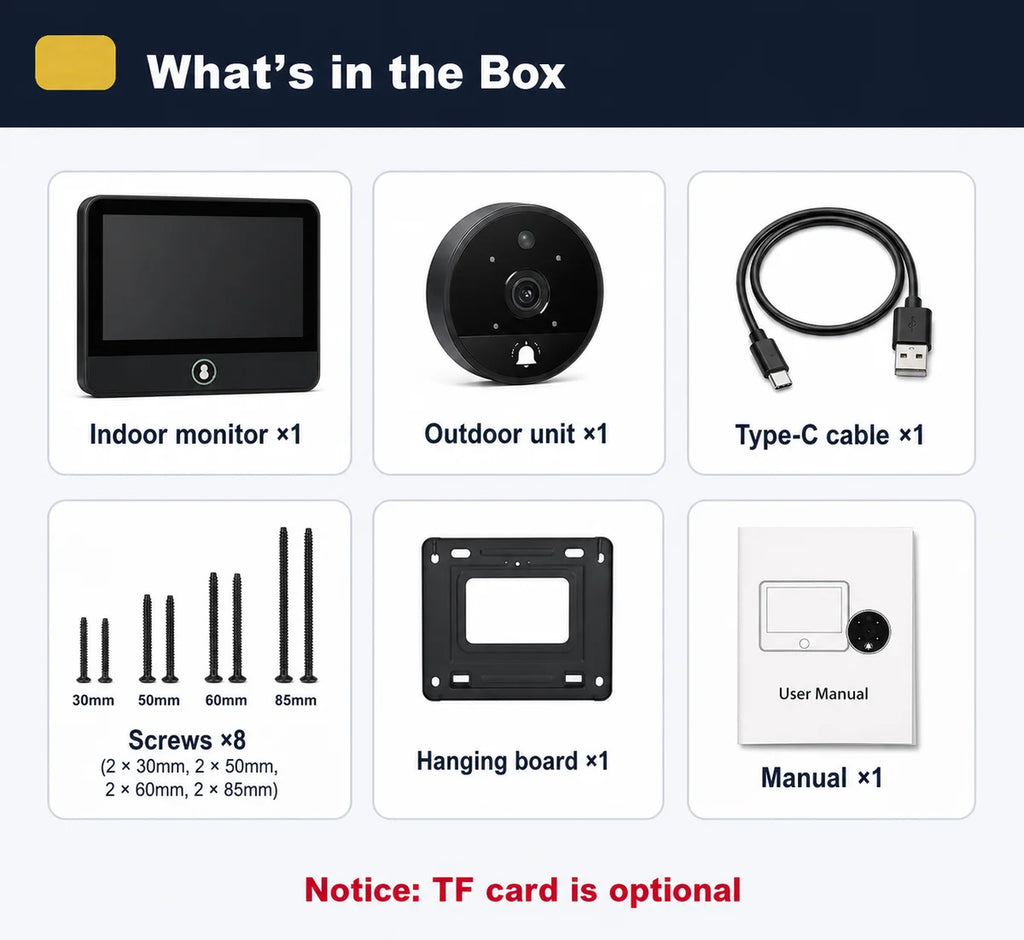 Danmini 4.3inch IR-CUT SmartLife Door Peephole Camera WiFi Tuya 2K 3MP 120° Doorbell Night Vision Digital Door Video Eye