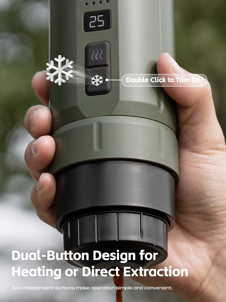Portable olive green electric coffee maker with dual-button heating and cooling controls and digital display.