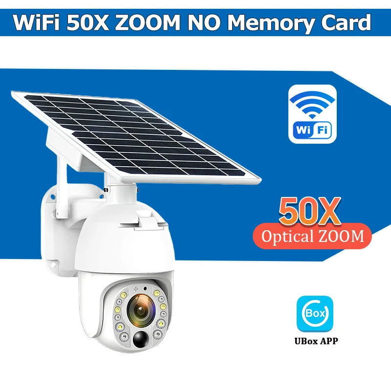 WiFi PTZ security camera with solar panel, white housing, 50x optical zoom, no memory card