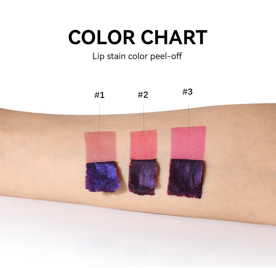 Lakerain waterproof peel-off lip stain color chart showing matte, long-lasting tinted shades swatched on an arm.