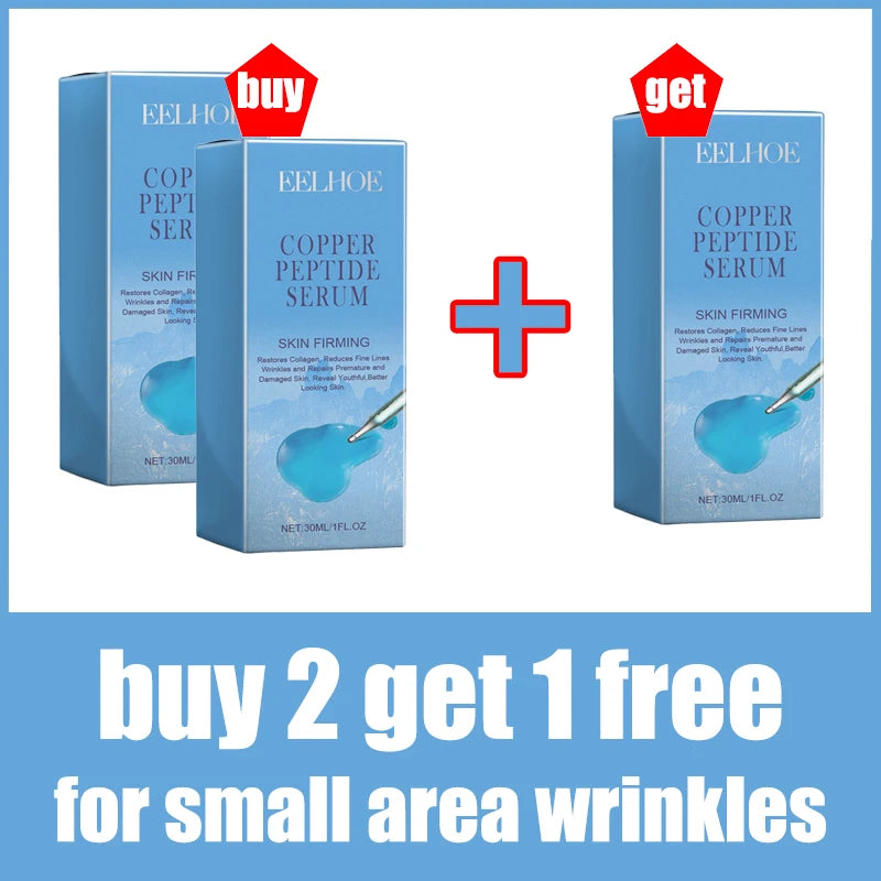 Three blue rectangular boxes of EELHOE Copper Peptide Serum for wrinkles with a "buy 2 get 1 free" offer graphic.